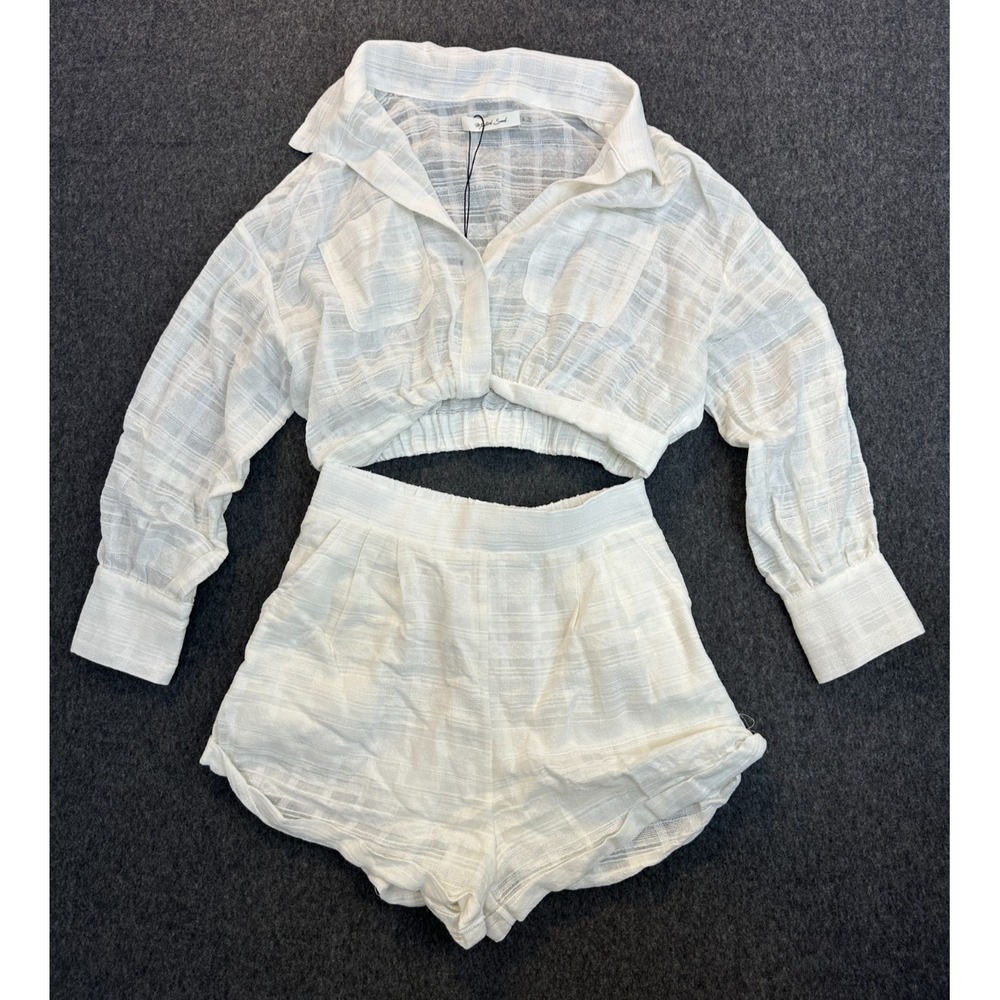 Mustard Seed White 2 Piece Cotton Textured Twist Crop Top & Shorts Set Small - Picture 2 of 16
